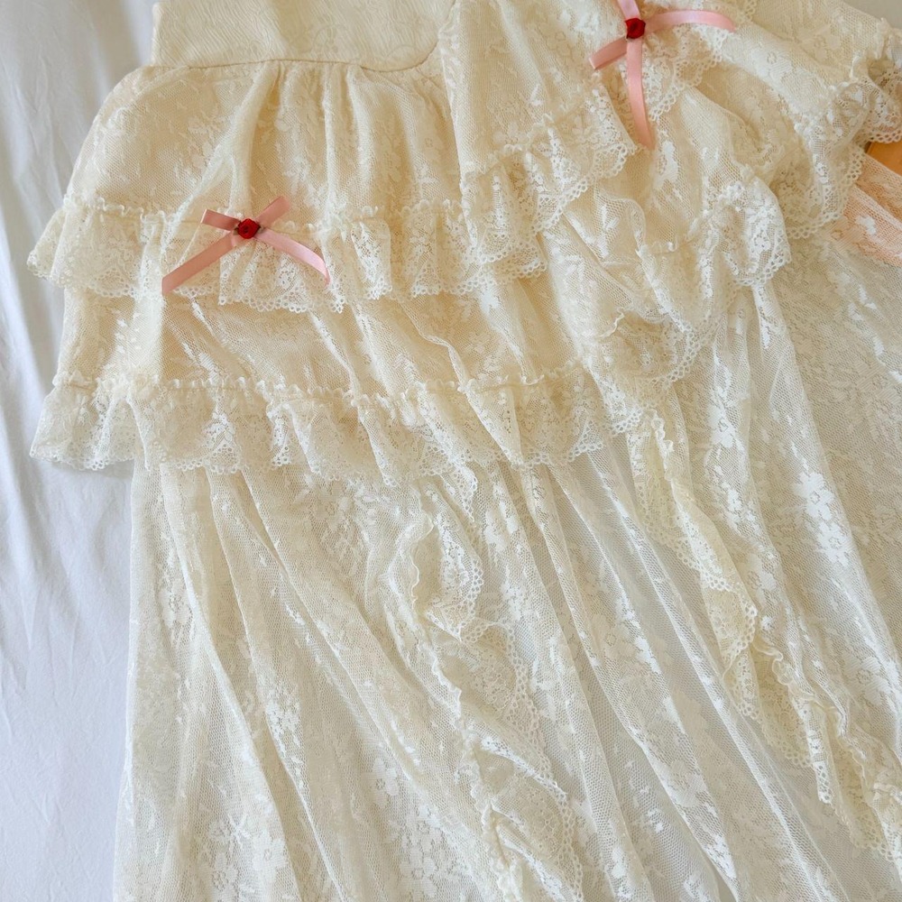 LaceMade Ivory Convertible Lace Ruffle Skirt Pink Bows Rose XS NWT